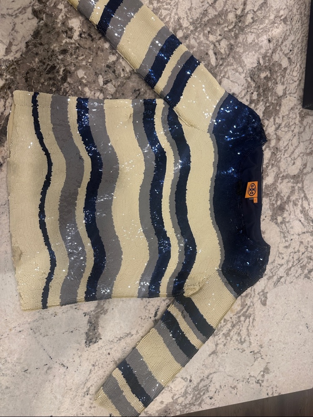 Tory Burch Sequin Striped Sweater - Navy, Gray & Cream